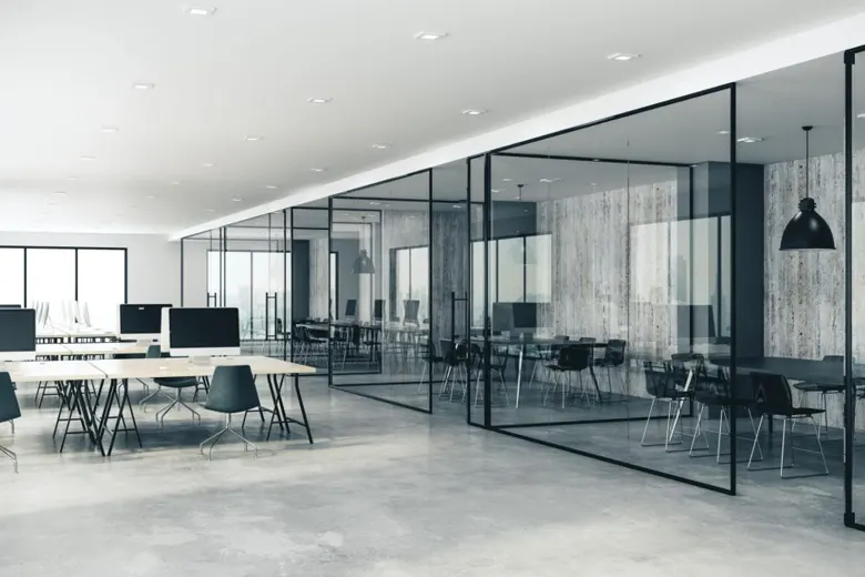 Open office design with break-out rooms and acoustic panels
