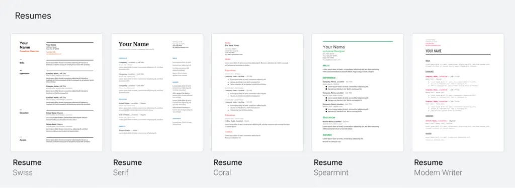 Resume samples using different font styles - swiss, serif, coral, spearmint, and modern writer
