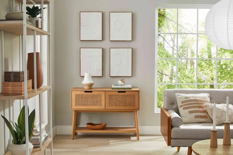 Neutral colour palette used against accented furniture Neutral colour palette used against accented furniture