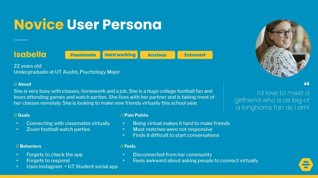 User persona: Isabella, an extroverted undergrad student in her early 20s (a novice user) User persona: Isabella, an extroverted undergrad student in her early 20s (a novice user)