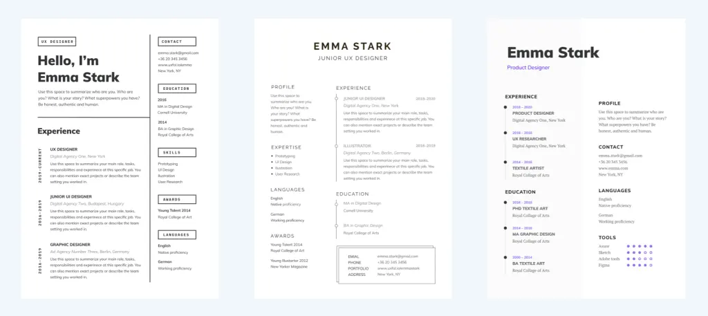 UX designer resume templates with different layout and style
