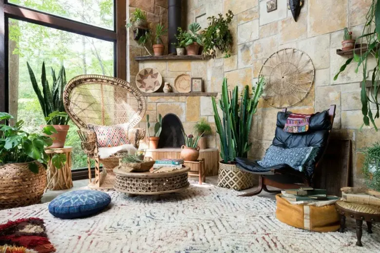 A maximalits interior design with varied pieces of furniture, wall hangings, and plants
