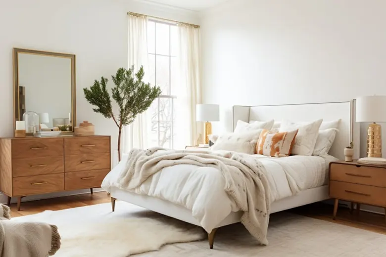 Chic Minimalist bedroom design with off-white rugs, bedside table and a dressing table
Chic Minimalist bedroom design with off-white rugs, bedside table and a dressing table