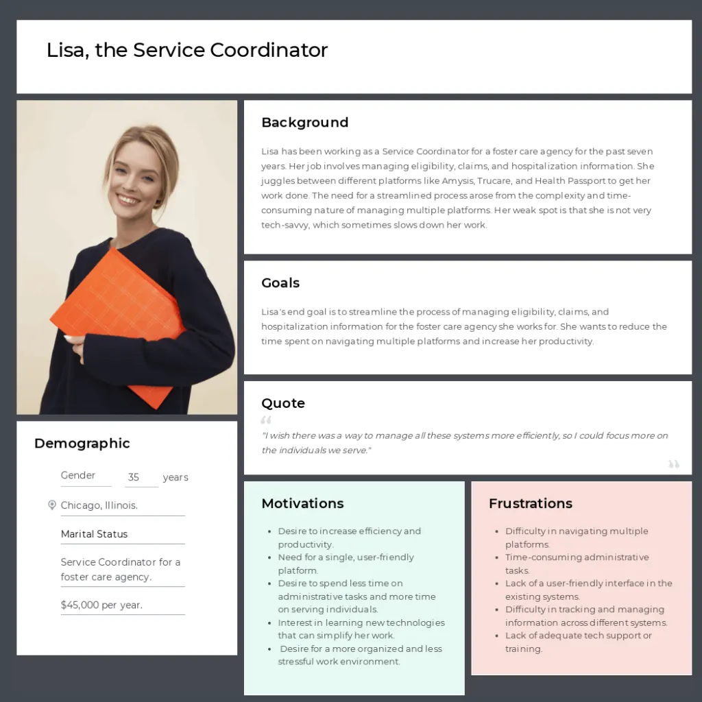 User persona: Lisa, the service coordinator
User persona: Lisa, the service coordinator