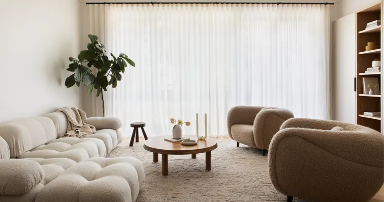 Minimalist living room with neutral furniture and a round coffee table.