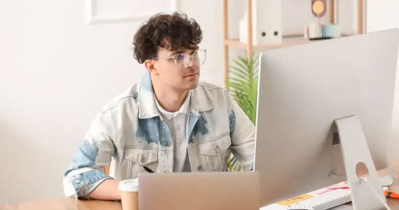 Logo designer creating rough sketches on a laptop