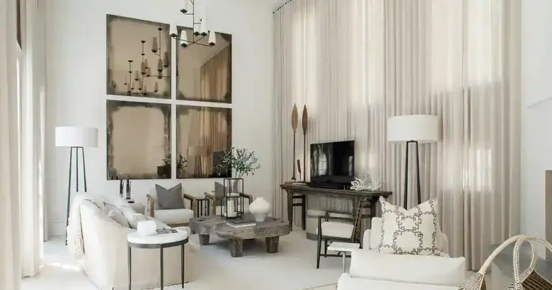 A living room design with a contemporary theme.
