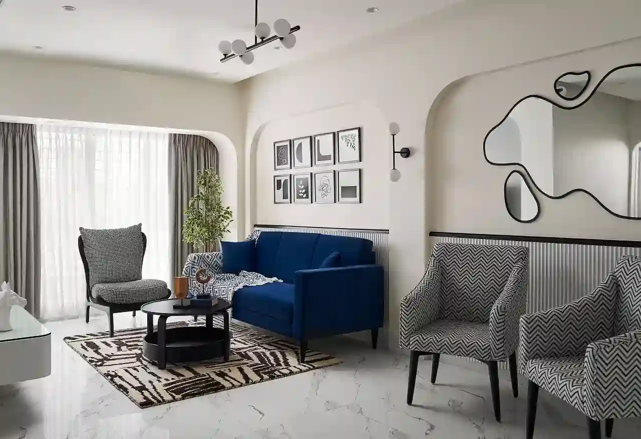 A residential apartment featuring a neutral colour palette, few pops of coloured fabrics, textures, and statement pieces A residential apartment featuring a neutral colour palette, few pops of coloured fabrics, textures, and statement pieces