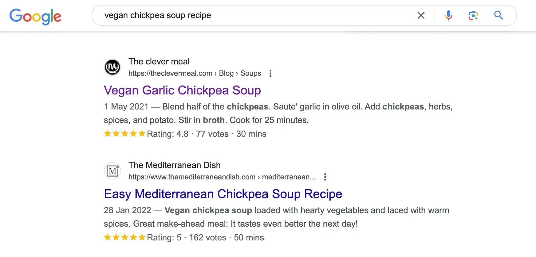 Google search result of vegan chickpea soup recipe