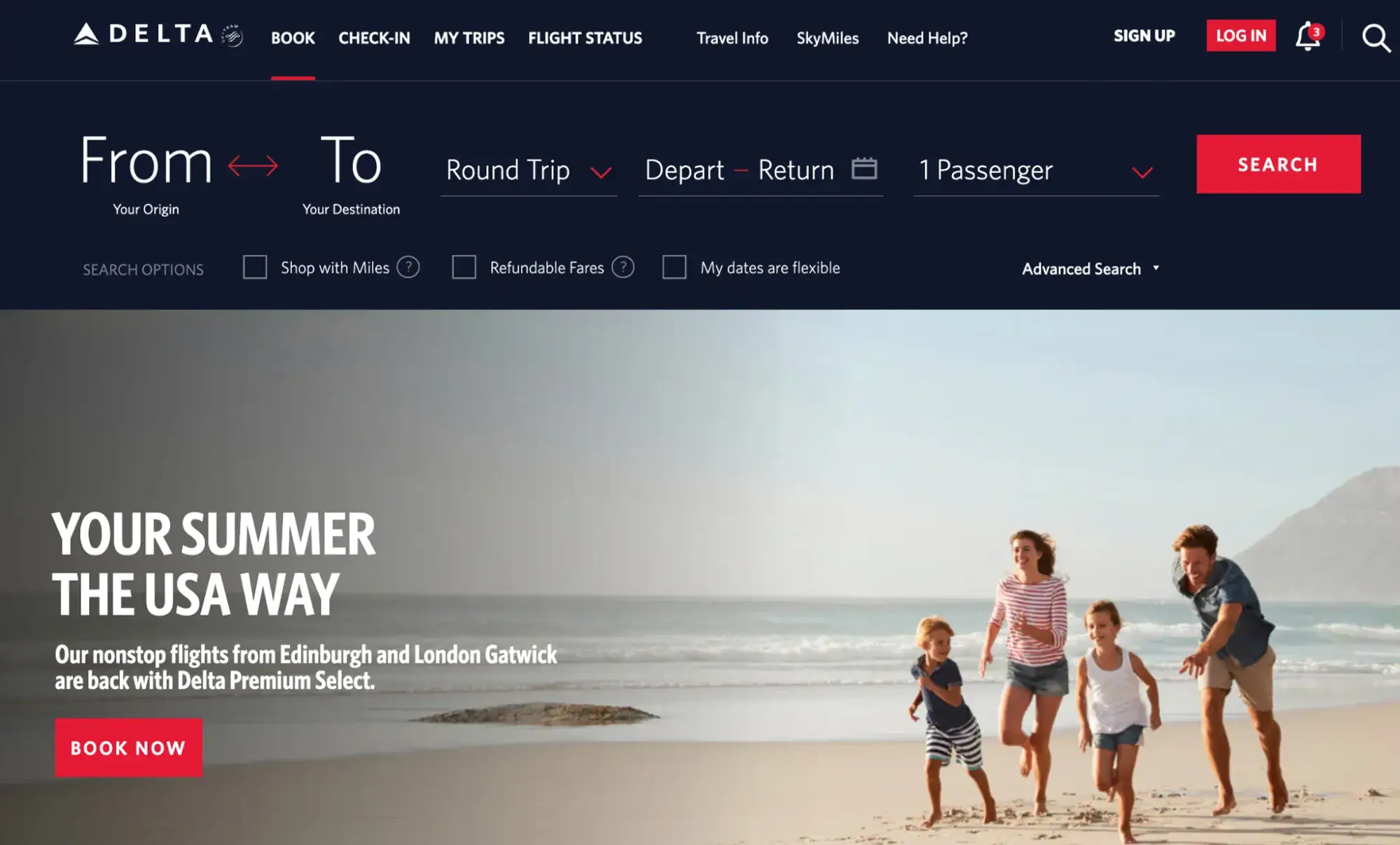 Homepage of Delta Air Lines allowing easy flight search