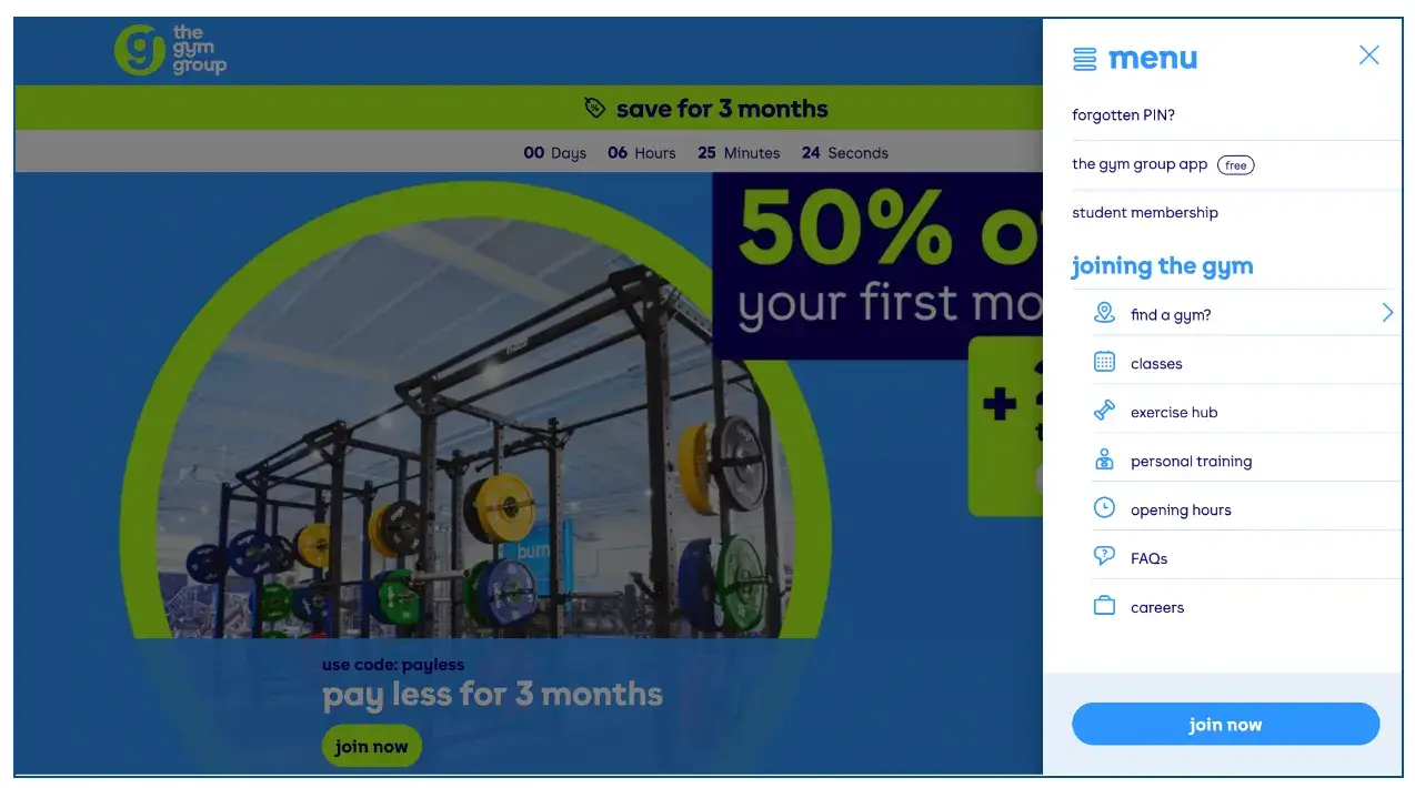 The menu on The Gym Group website offering multiple options to the user
