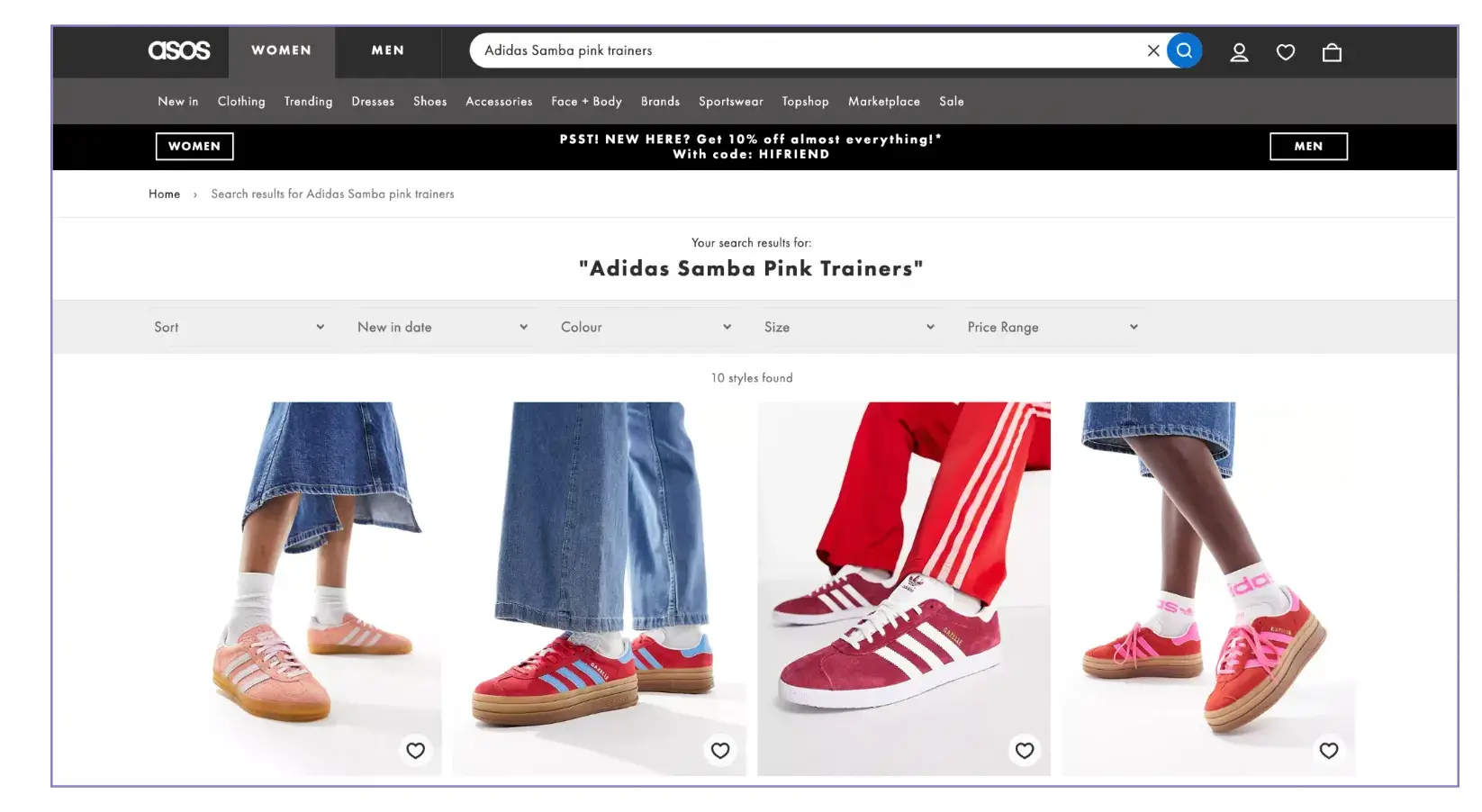 Asos website offering multiple options of the Adidas Samba trainers
