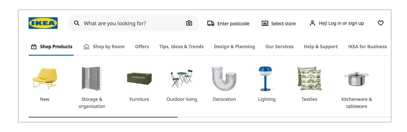 IKEA's website using images as category differentiators