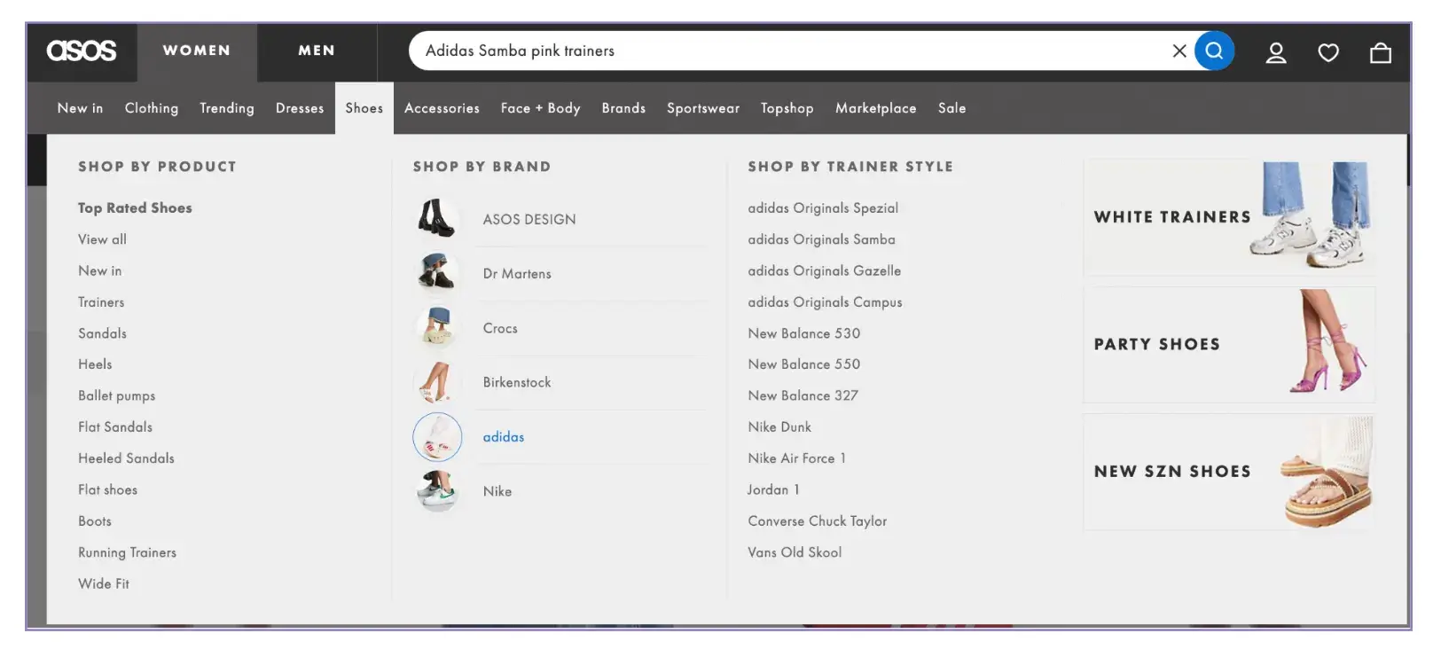 ASOS website offering multiple classifications for users to browse alongside a searchbar