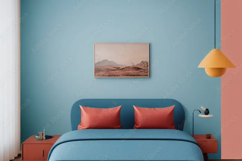 Bedroom with a pop of color in a minimalist design
Bedroom with a pop of color in a minimalist design
