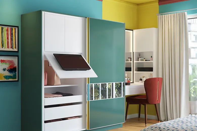Small bedroom with multi-purpose furniture like a bed with built-in drawers.
Small bedroom with multi-purpose furniture like a bed with built-in drawers.