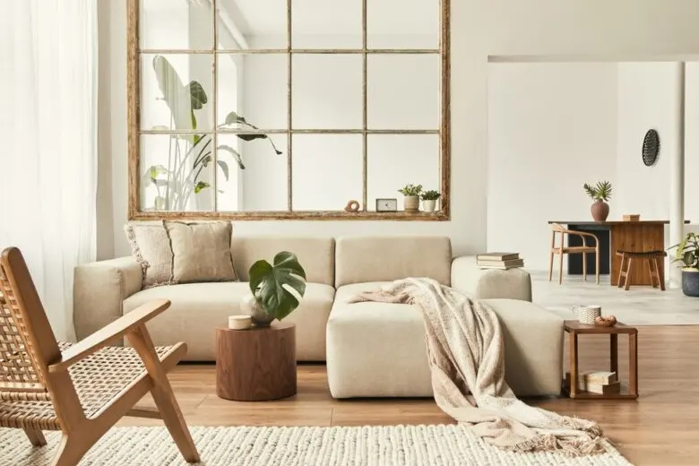 Living room with a large mirror to amplify natural light
Living room with a large mirror to amplify natural light