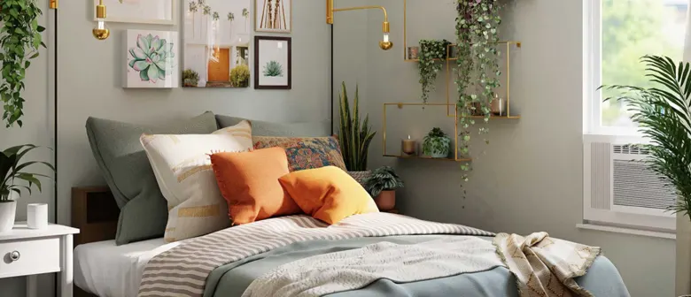 Small bedroom utilizing vertical space with tall bookcases and wall shelves.
Small bedroom utilizing vertical space with tall bookcases and wall shelves.