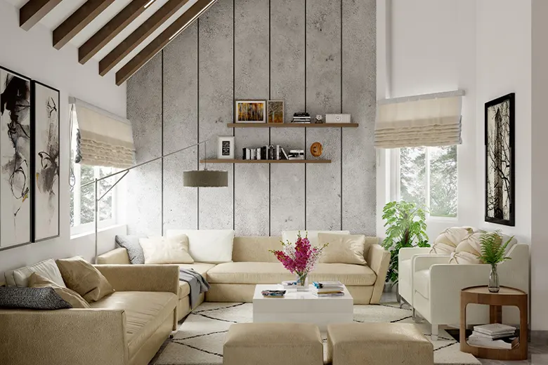 Living room with rearranged furniture to highlight architectural details.
Living room with rearranged furniture to highlight architectural details.