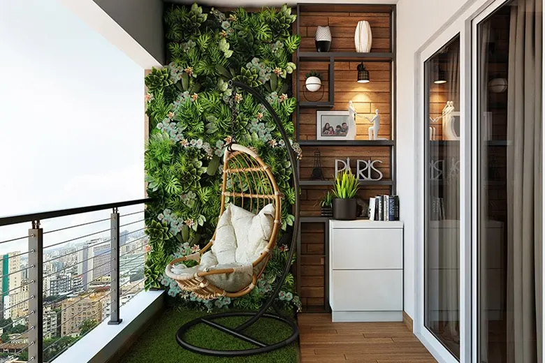Balcony with a swing, seating area, and vertical garden. Balcony with a swing, seating area, and vertical garden.