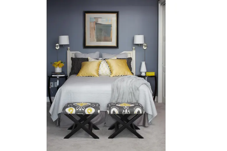 Small bedroom with soft gray walls and mustard yellow accents for contrast.
Small bedroom with soft gray walls and mustard yellow accents for contrast.