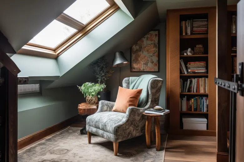 Living room with slanted ceiling for a warm and spacious feel
Living room with slanted ceiling for a warm and spacious feel