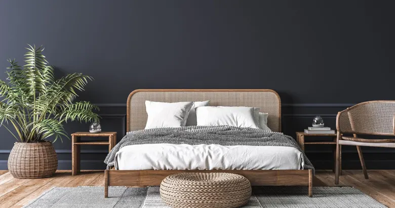 Simple bedroom interior design with cane furniture