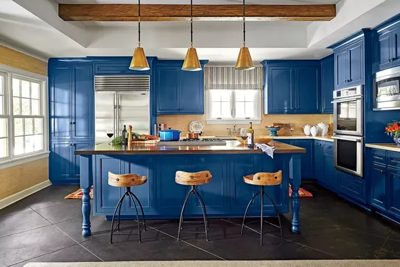A classic modular kitchen with a blue theme. A classic modular kitchen with a blue theme.