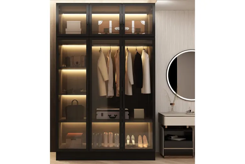 A see-thorough closet in dark, rich colours.

