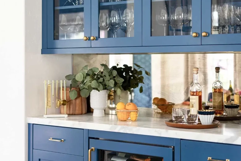 Glass cabinet in kitchen to improve visual depth