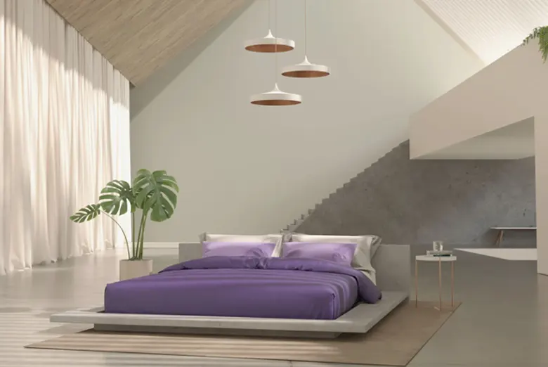 A master bedroom with a bed in the center.
