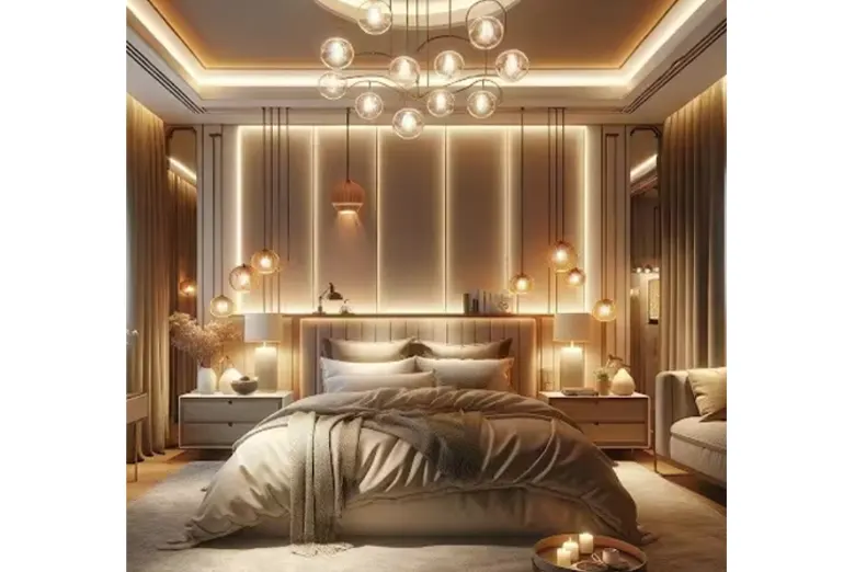 A bedroom with bright lighting.