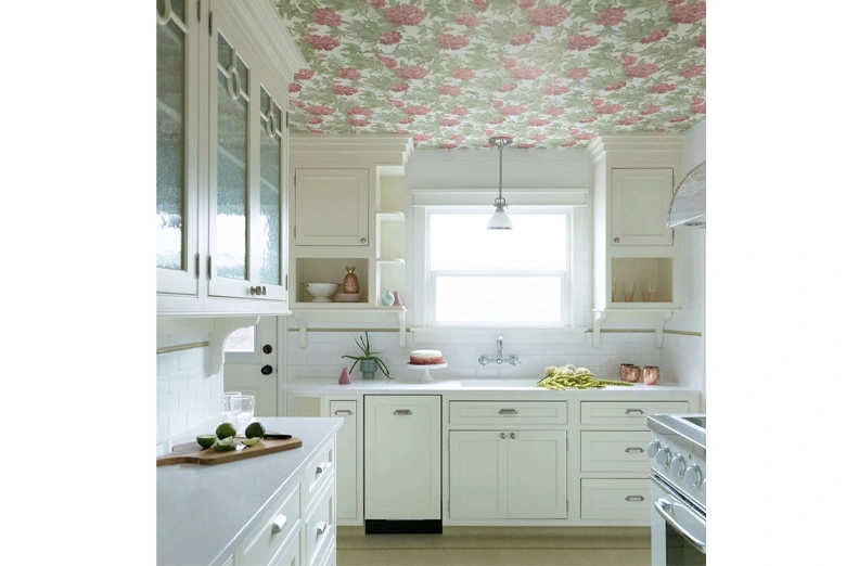 Aesthetic kitchen decor with patterned ceiling