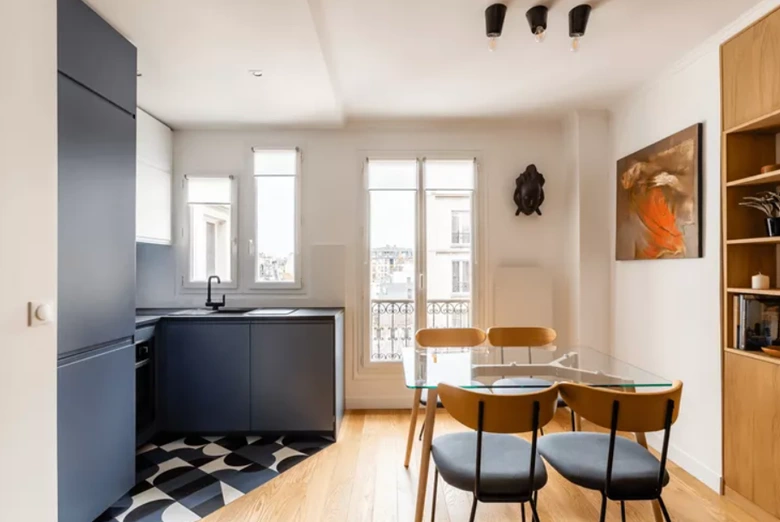 Playful kitchen flooring with patterns and different textures
