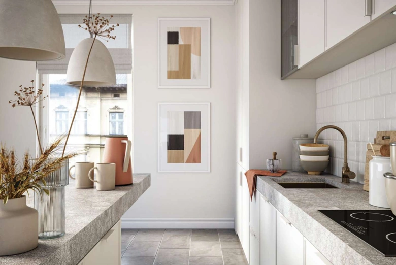Kitchen space decorated with art pieces