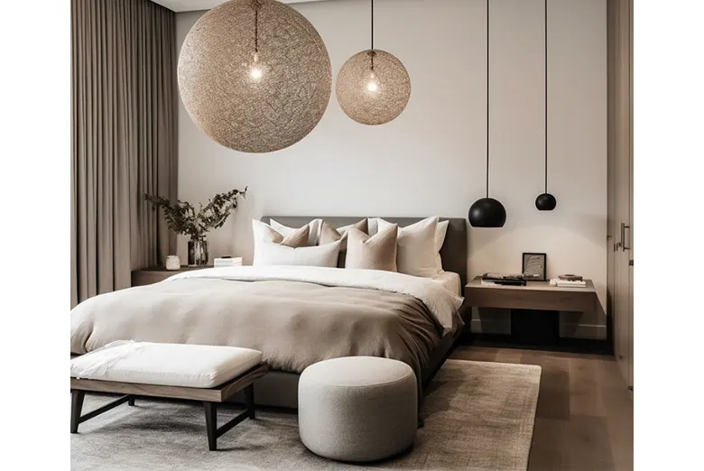 A master bedroom with statement lights hanging above the bed.
