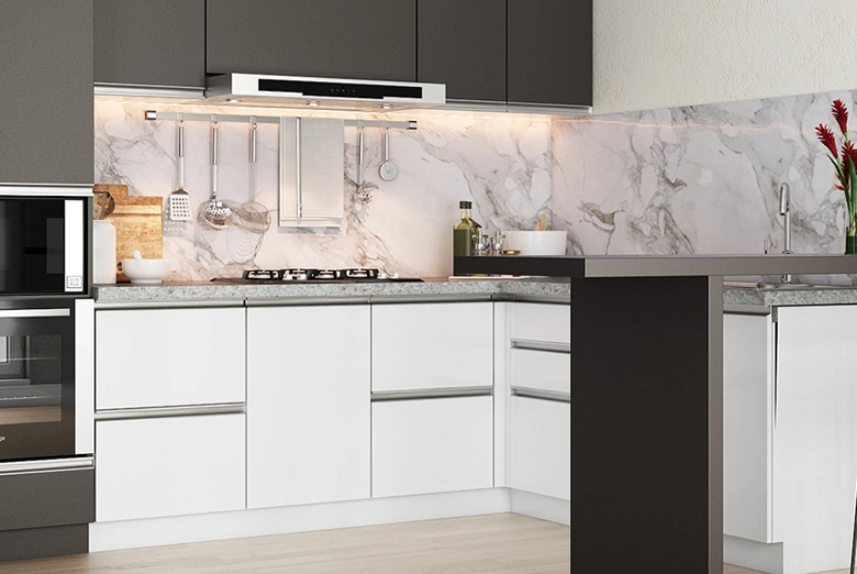 Modern small kitchen with sleek chimney and cabinet panels
