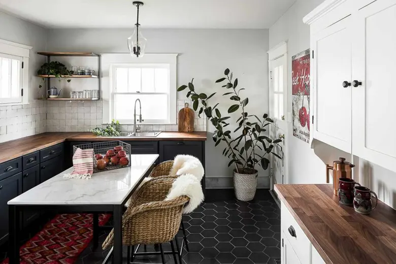 Modular kitchen interior design idea with designed floor. Modular kitchen interior design idea with designed floor.