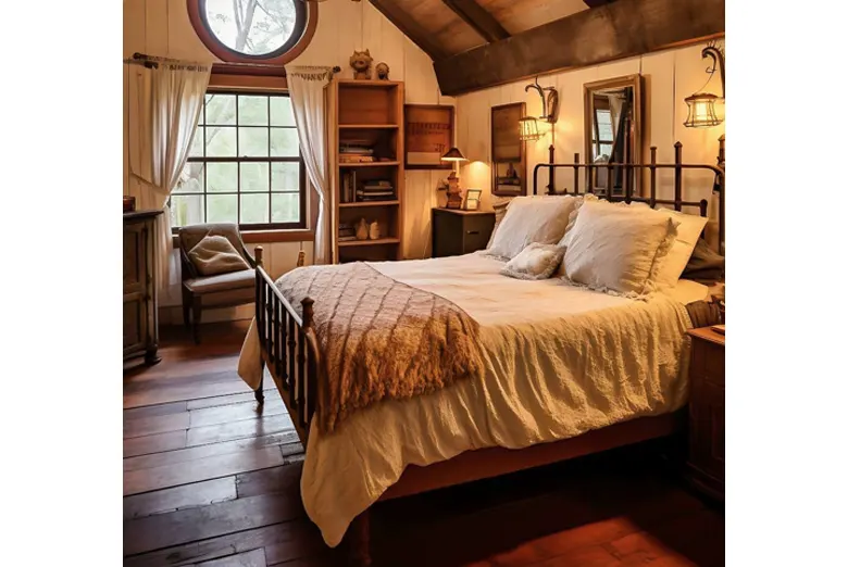 A master bedroom with a rustic design.
