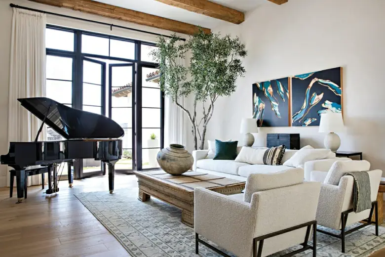 Luxury living room interiors with a piano and floor-to-ceiling windows
Luxury living room interiors with a piano and floor-to-ceiling windows