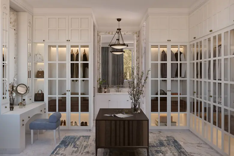 Spacious wardrobe design alongside a dressing table area Spacious wardrobe design alongside a dressing table area