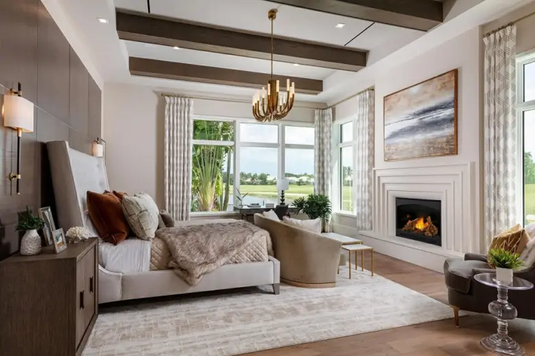 A luxurious bedroom interior design with a chandelier, fireplace, and panoramic windows
A luxurious bedroom interior design with a chandelier, fireplace, and panoramic windows
