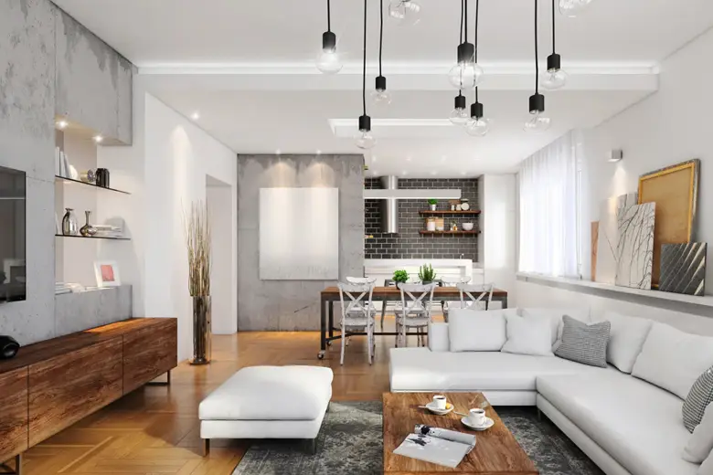 A living room with a sectional sofa, an ottoman, a wooden coffee table, and an accent wall
A living room with a sectional sofa, an ottoman, a wooden coffee table, and an accent wall
