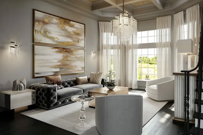 Living room with wooden following and a coffered ceiling
Living room with wooden following and a coffered ceiling