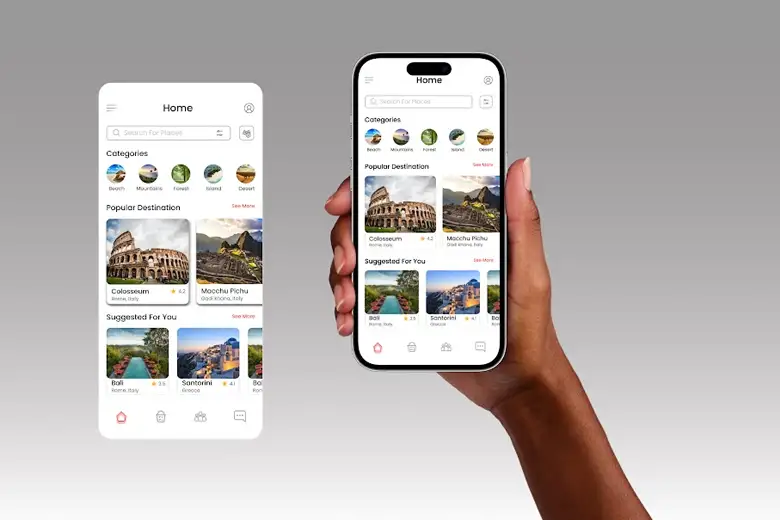 Mobile application displaying UI work of a destination place homepage, featuring design elements and layout.
Mobile application displaying UI work of a destination place homepage, featuring design elements and layout.