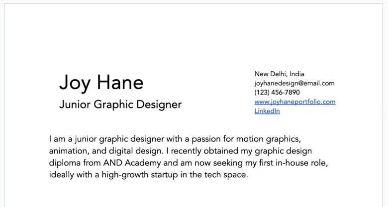 An example of how to add a profile summary to a graphic designer resume.
An example of how to add a profile summary to a graphic designer resume.