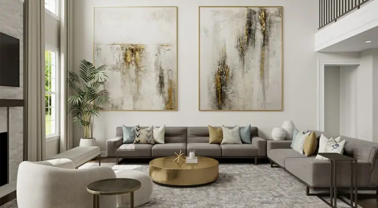 A roomy living room with grey couches and two oil on canvas paintings
A roomy living room with grey couches and two oil on canvas paintings