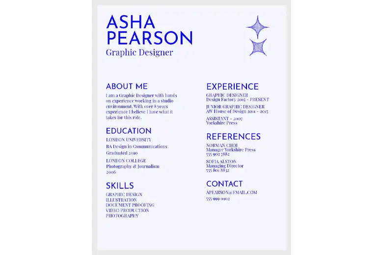 An example of graphic designer resume created with Adobe Express. An example of graphic designer resume created with Adobe Express.
