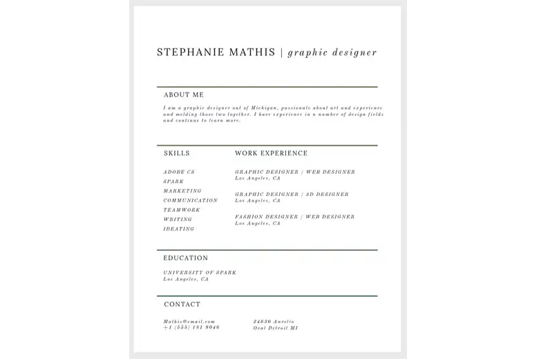 Adobe Express graphic designer resume template.
Adobe Express graphic designer resume template.