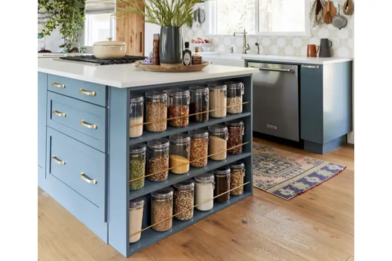 Multi-layered storage unit in a kitchen.
Multi-layered storage unit in a kitchen.